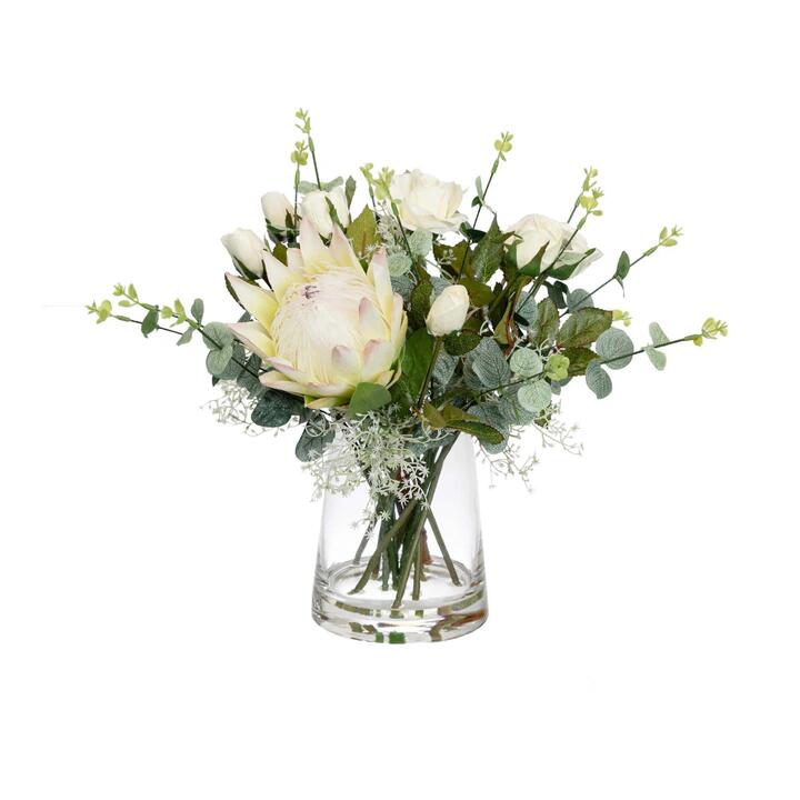 Protea & Rose Mixed Artificial Fake Plant Decorative Arrangement 40cm In Glass Multicolour
