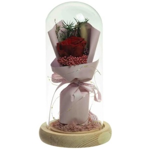 Red Floral Artificial Fake Plant Decorative 21cm In Glass Dome