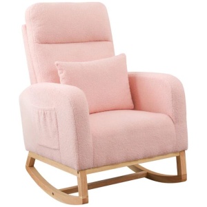 Rocking Chair with Ottoman | Plush Sherpa Fleece, Side Pocket & Solid Wood Base - Nursery & Living Room Comfort (Pink)