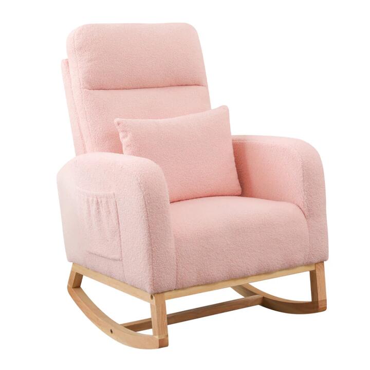 Rocking Chair with Ottoman | Plush Sherpa Fleece, Side Pocket & Solid Wood Base - Nursery & Living Room Comfort (Pink)