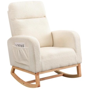 Rocking Chair with Ottoman & Side Pocket | Sherpa Plush, Ergonomic, Solid Wood Frame, High Back Support (Beige)