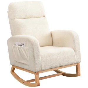 Rocking Chair with Ottoman & Side Pocket | Sherpa Plush, Ergonomic, Solid Wood Frame, High Back Support (Beige)