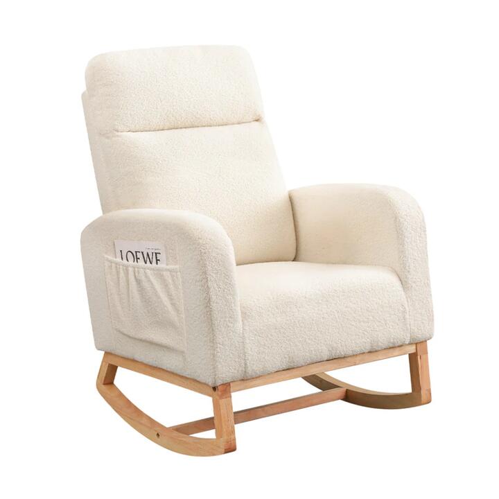 Rocking Chair with Ottoman & Side Pocket | Sherpa Plush, Ergonomic, Solid Wood Frame, High Back Support (Beige)