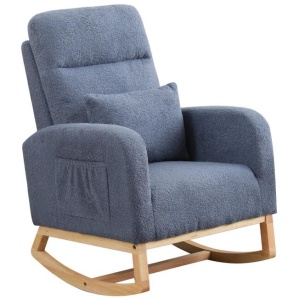 Rocking Chair with Ottoman & Side Pocket | Sherpa Upholstery & Wooden Frame (Navy)