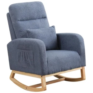 Rocking Chair with Ottoman & Side Pocket | Sherpa Upholstery & Wooden Frame (Navy)
