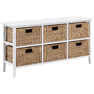 Rory Low Chest Of 6-Drawers Lowboy Dresser Storage W/ 6 Woven Baskets White