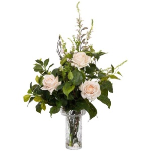 Rose Arrangement Artificial Fake Plant Decorative 70cm In Glass - White