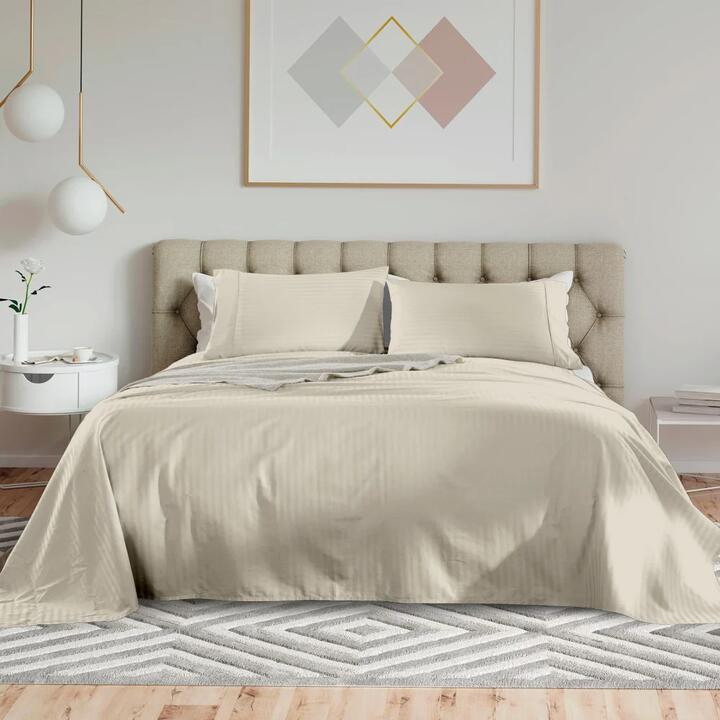 Royal Comfort Kensington 1200TC 100% Cotton Stripe Bed Sheet Set - Queen Bed, Beige