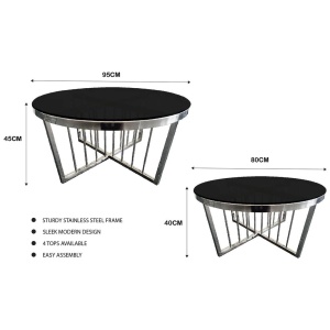 Salina Coffee Table 80cm Silver Base - Black Glass