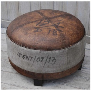 Sebastian Vintage Rustic Canvas Leather Round Foot Stool Ottoman