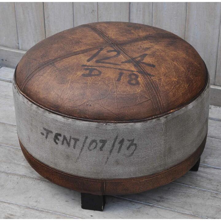 Sebastian Vintage Rustic Canvas Leather Round Foot Stool Ottoman