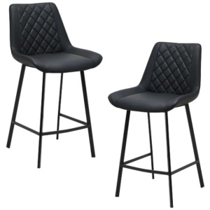 Set Of 2 Fin Eco Leather Kitchen Counter Bar Stool Metal Legs 66cm Black