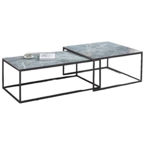 Set Of 2 Modern Nesting Ceramic Marble Look Rectangular & Square Coffee Table Grey