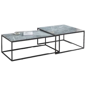 Set Of 2 Modern Nesting Ceramic Marble Look Rectangular & Square Coffee Table Grey