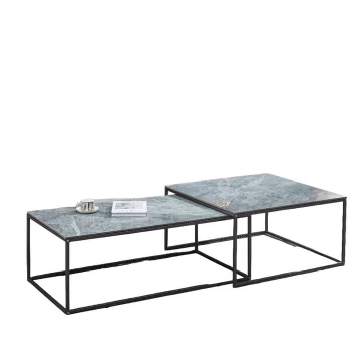 Set Of 2 Modern Nesting Ceramic Marble Look Rectangular & Square Coffee Table Grey