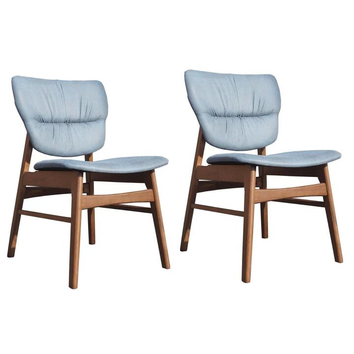 Set Of 2 PU Leather Dining Chair Wooden Frame - Walnut & Blue
