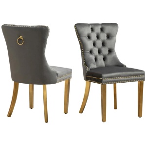 Set of 2 -Alsea Dark Grey Velvet & Gold Polished Steel Dining Chairs Upholstered Tufted Stud Trim and Ring
