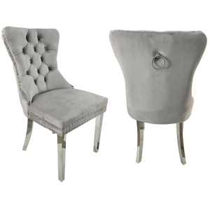 Set of 2 -Alsea Light Grey Velvet & Silver Polished Steel Dining Chairs Upholstered Tufted Stud Trim and Ring