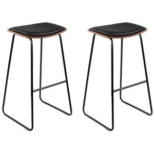 Set of 2 Backless PU Leather Bar Stools - Black and Wood