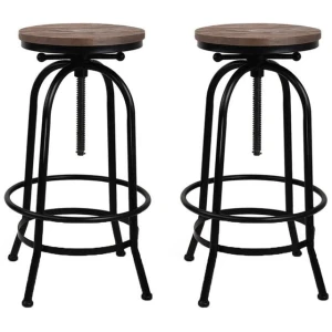 Set of 2 Bar Stool Industrial Round Seat Wood Metal - Black and Brown