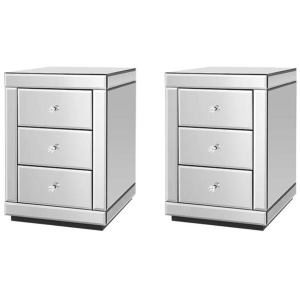 Set of 2 Bedside Table 3 Drawers Mirrored Glass - PRESIA Silver