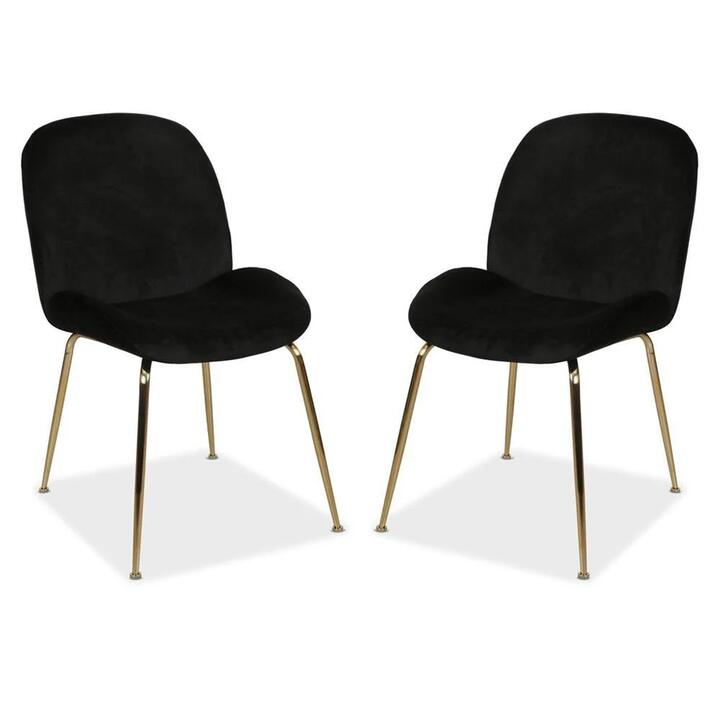 Set of 2 Casa Velvet Fabric Dining Chair - Gold Legs - Black