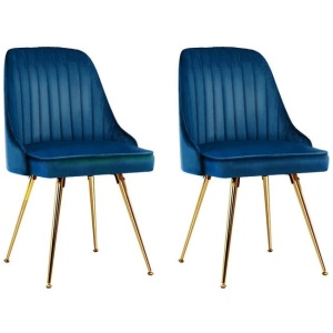 Set of 2 Dining Chairs Retro Chair Cafe Kitchen Modern Metal Legs Velvet Blue