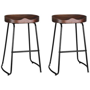 Set of 2 Elm Wood Backless Bar Stools 65cm - Black and Dark Natural