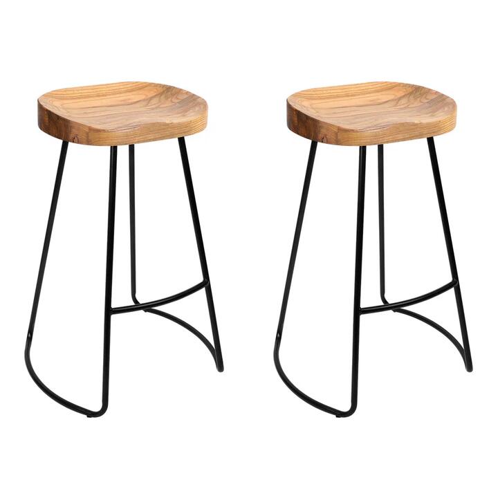 Set of 2 Elm Wood Backless Bar Stools 65cm - Black and Light Natural