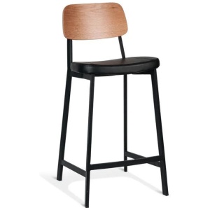 Set of 2 - Espriit Enfys Industrial Bar Stool 65cm - Black Frame - Natural Oak Back - Black Cushion Seat