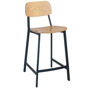 Set of 2 - Espriit Enfys Industrial Bar Stool 65cm - Black Frame - Natural Oak Back - Natural Veneer Seat