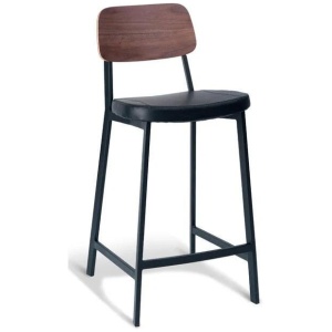 Set of 2 - Espriit Enfys Industrial Bar Stool 65cm - Black Frame - Walnut Back - Black Cushion Seat