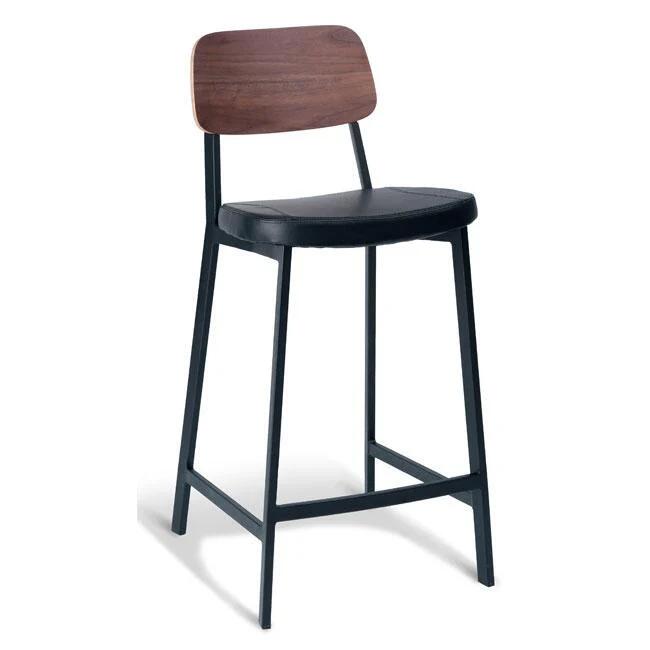 Set of 2 - Espriit Enfys Industrial Bar Stool 65cm - Black Frame - Walnut Back - Black Cushion Seat