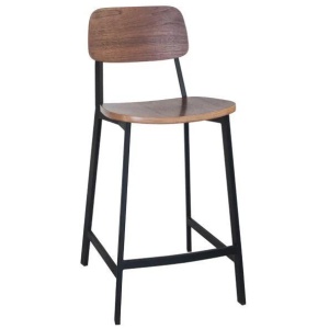 Set of 2 - Espriit Enfys Industrial Bar Stool 65cm - Black Frame - Walnut Back - Walnut Veneer Seat