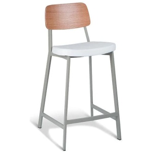 Set of 2 - Espriit Enfys Industrial Bar Stool 65cm - Light Grey Frame - Natural Oak Back - White Cushion Seat