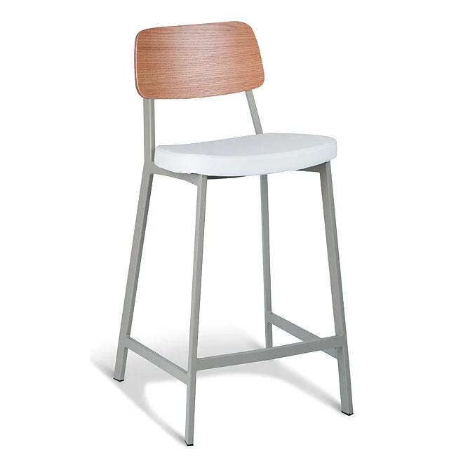 Set of 2 - Espriit Enfys Industrial Bar Stool 65cm - Light Grey Frame - Natural Oak Back - White Cushion Seat