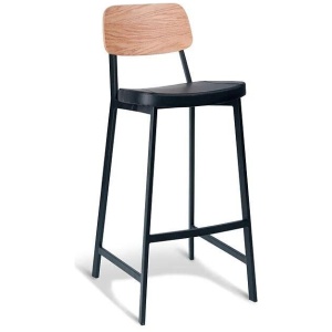 Set of 2 - Espriit Enfys Industrial Bar Stool 75cm - Black Frame - Natural Oak Back - Black Cushion Seat