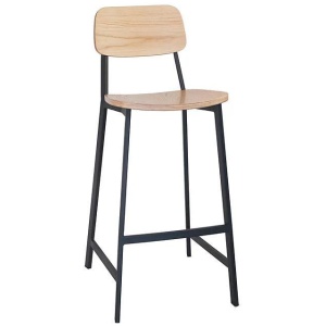 Set of 2 - Espriit Enfys Industrial Bar Stool 75cm - Black Frame - Natural Oak Back - Natural Veneer Seat