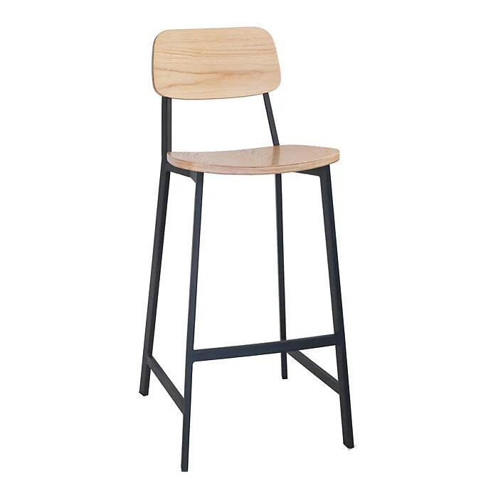Set of 2 - Espriit Enfys Industrial Bar Stool 75cm - Black Frame - Natural Oak Back - Natural Veneer Seat