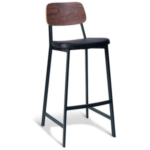 Set of 2 - Espriit Enfys Industrial Bar Stool 75cm - Black Frame - Walnut Back - Black cushion Seat