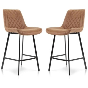 Set of 2 Fin Fabric Suede Kitchen Counter Bar Stool Black Metal Legs 66cm - Cognac