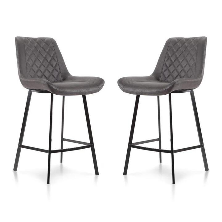 Set of 2 Fin Suede Fabric Kitchen Counter Bar Stool Black Metal Legs 66cm - Charcoal