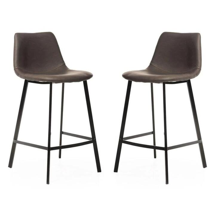 Set of 2 Gordon Faux Leather Bar Stool 66cm - Black Metal Legs - Antique Grey