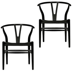 Set of 2 - Hans Wegner Replica Wishbone Cord Dining Chair - Black Seat - Black