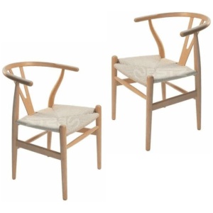 Set of 2 - Hans Wegner Replica Wishbone Cord Dining Chair - Natural Beech