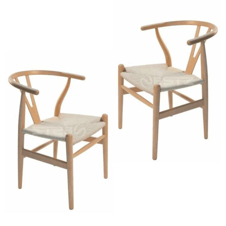 Set of 2 - Hans Wegner Replica Wishbone Cord Dining Chair - Natural Beech