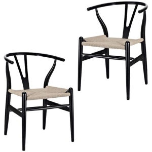 Set of 2 - Hans Wegner Replica Wishbone Cord Dining Chair - Natural Seat - Black