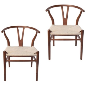 Set of 2 - Hans Wegner Replica Wishbone Cord Dining Chair - Walnut