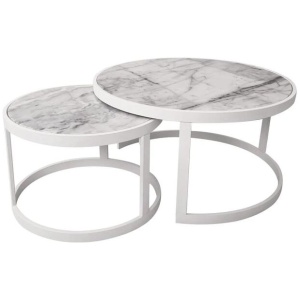 Set of 2 Leonardo Nesting Marble Round Coffee Table Metal Frame - White