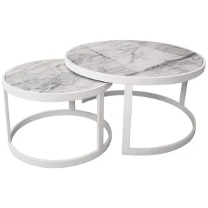Set of 2 Leonardo Nesting Marble Round Coffee Table Metal Frame - White